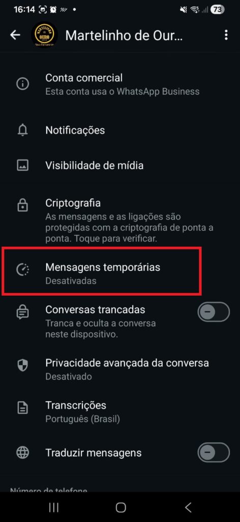 Captura de tela do menu de configurações do contato no WhatsApp, com a opção Mensagens temporárias selecionada por um retângulo vermelho.