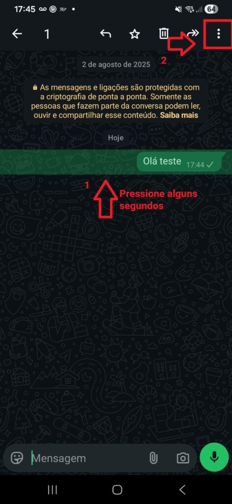 Captura de tela de uma conversa no WhatsApp com setas vermelhas indicando o ato de pressionar uma mensagem enviada e clicar nos três pontinhos no canto superior direito.
