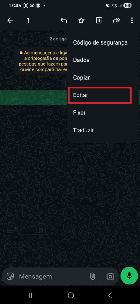 Captura de tela do menu de opções da mensagem, com a função Editar destacada por um retângulo vermelho.
