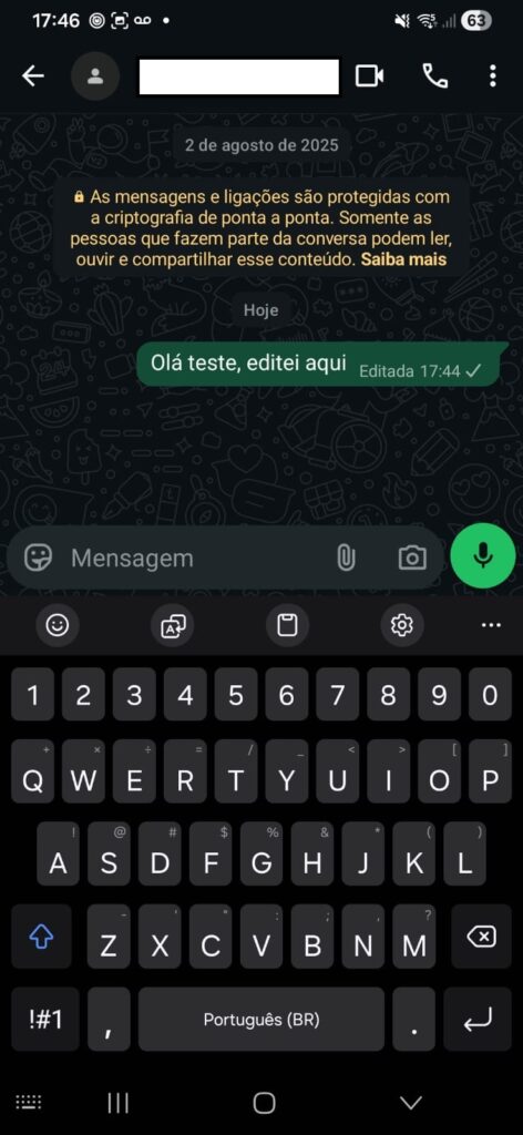 Captura de tela da conversa atualizada exibindo a mensagem corrigida com a observação Editada ao lado do horário de envio.
