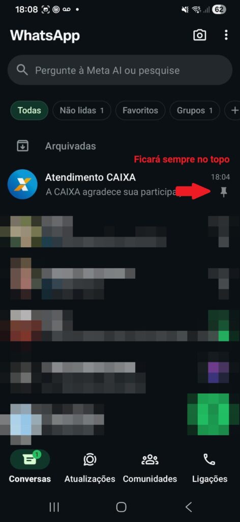 Captura de tela mostrando a conversa fixada no topo da lista, com uma seta vermelha apontando para o ícone de alfinete cinza ao lado do horário da mensagem.