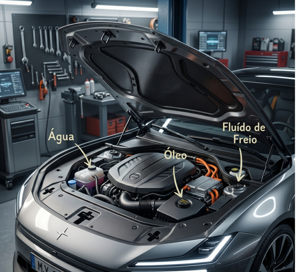 Carro com capô aberto demonstrando cuidados básicos com o carro. Setas apontam mostrando onde colocar água, óleo e flúido de freio.