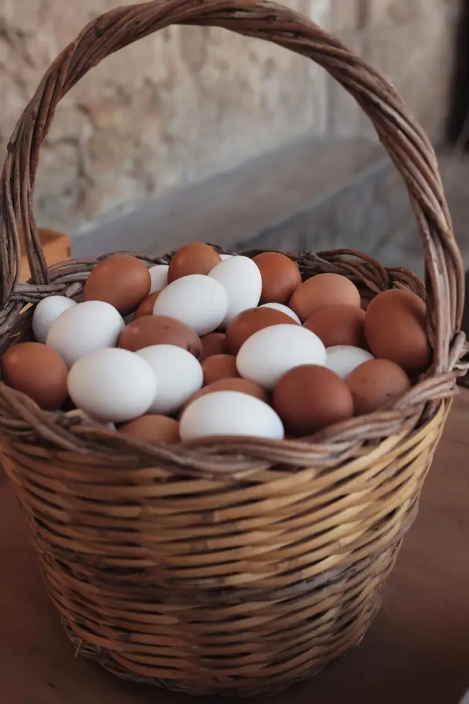 Cesta de vime rústica cheia de ovos brancos e marrons misturados.
